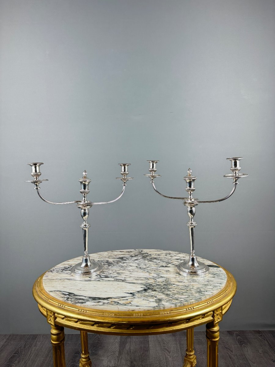 Pair Of Modular Silver-plated Metal Candlesticks, 20th Century, Stamped-photo-2