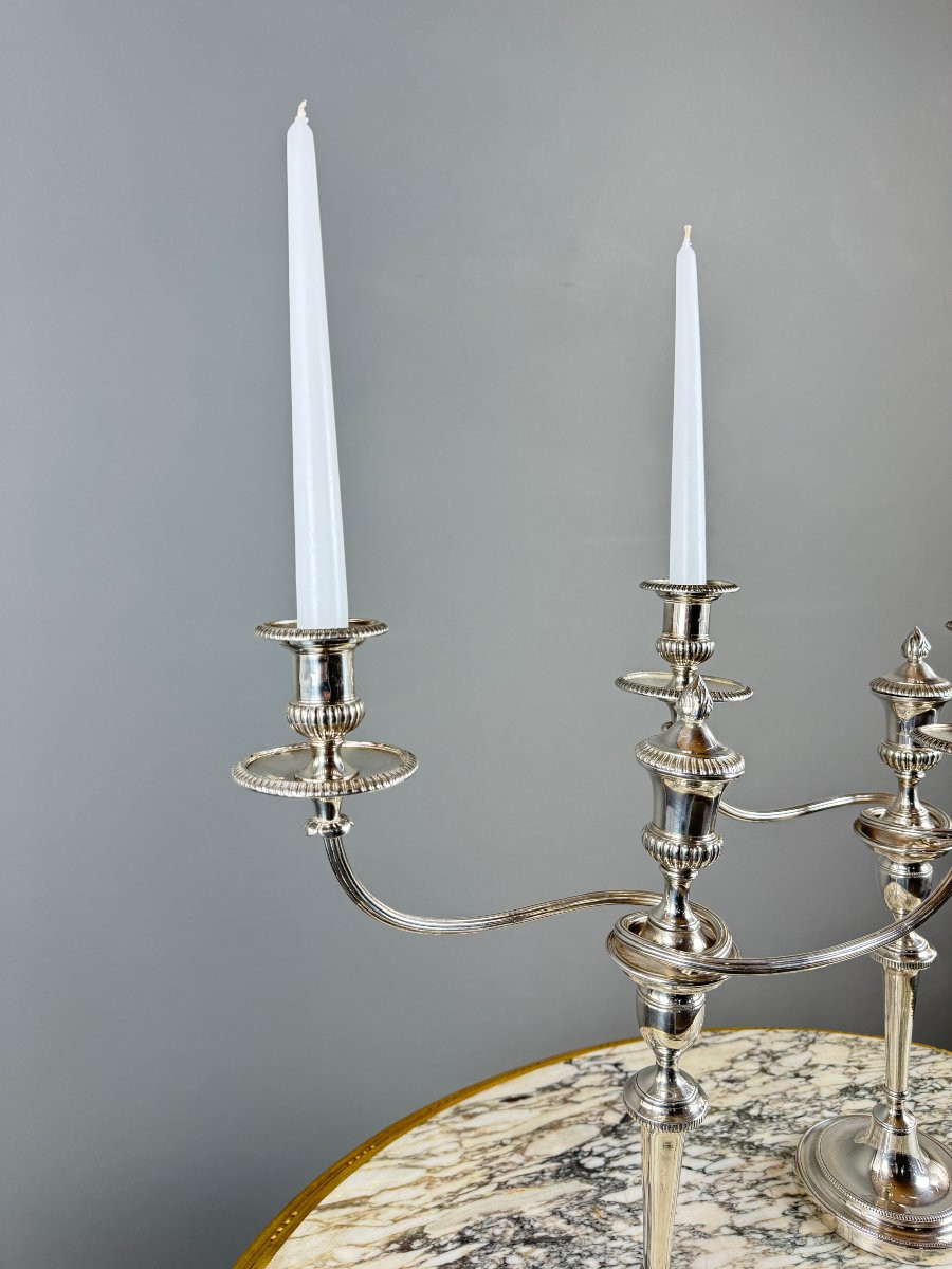Pair Of Modular Silver-plated Metal Candlesticks, 20th Century, Stamped-photo-3
