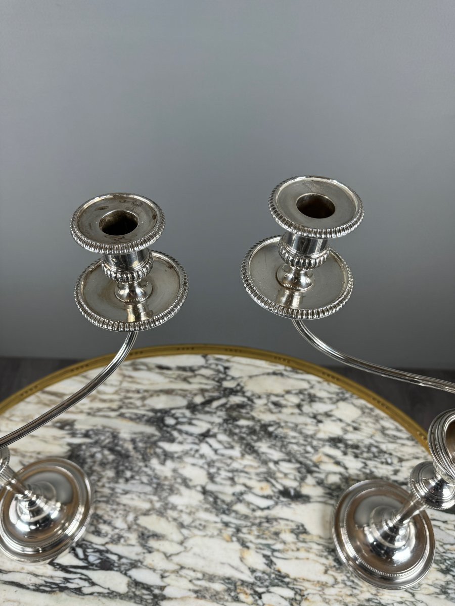 Pair Of Modular Silver-plated Metal Candlesticks, 20th Century, Stamped-photo-1