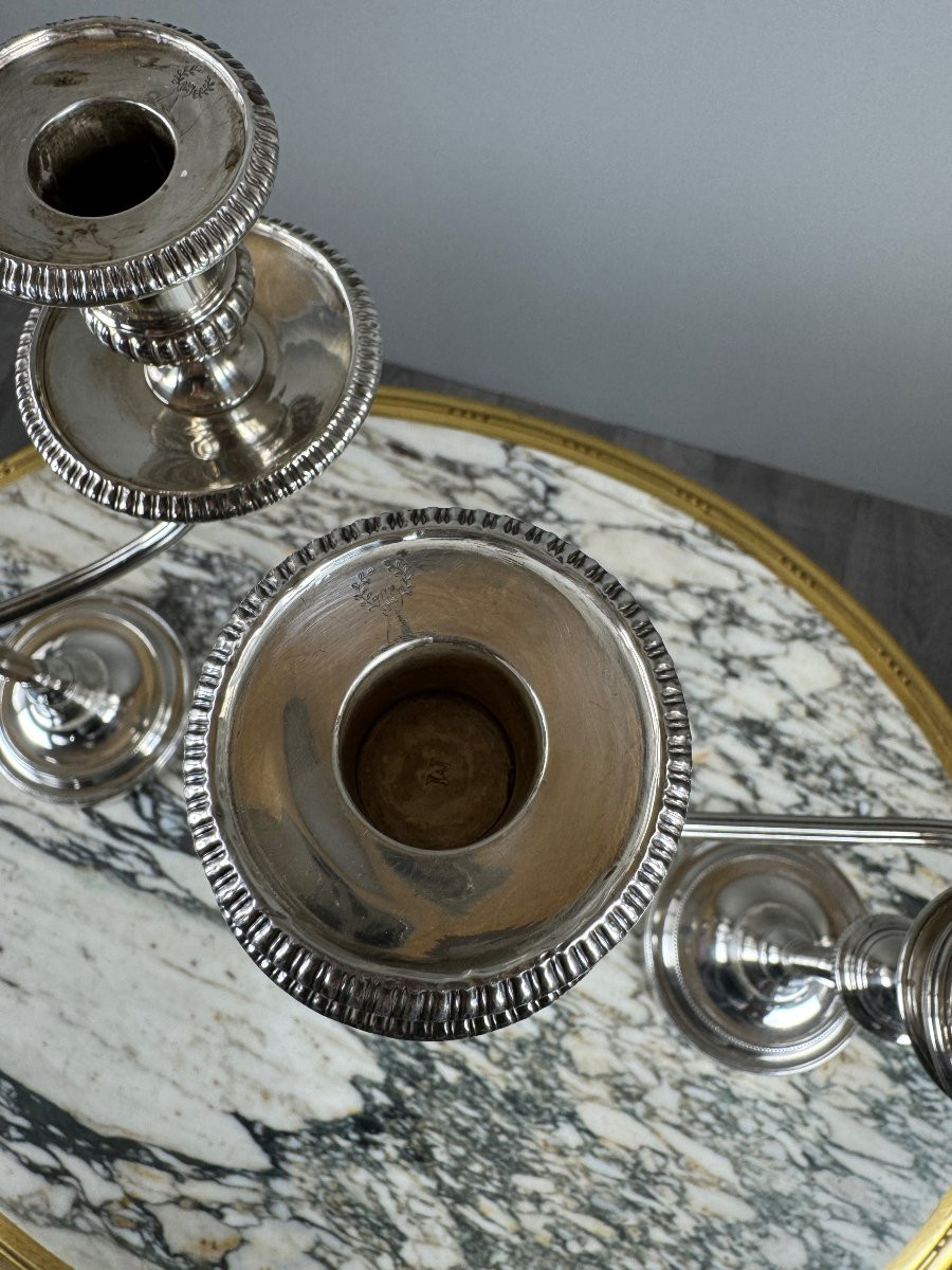 Pair Of Modular Silver-plated Metal Candlesticks, 20th Century, Stamped-photo-2