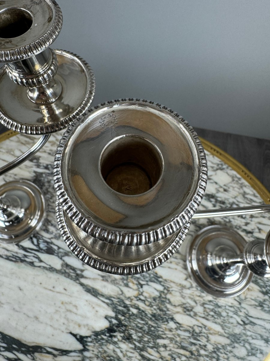 Pair Of Modular Silver-plated Metal Candlesticks, 20th Century, Stamped-photo-4