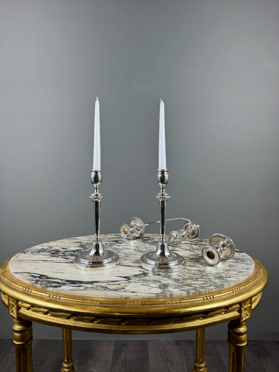 Pair Of Modular Silver-plated Metal Candlesticks, 20th Century, Stamped-photo-8