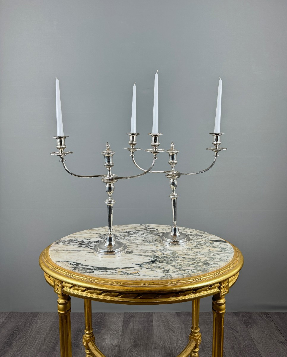 Pair Of Modular Silver-plated Metal Candlesticks, 20th Century, Stamped