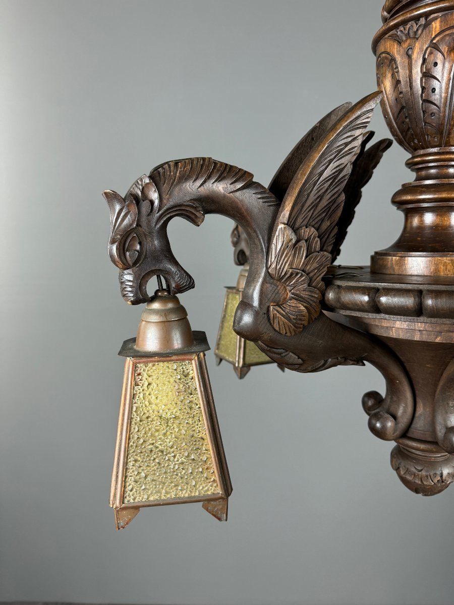 Large Carved Wooden Chandelier, Neo-renaissance Style, Early 20th Century-photo-3