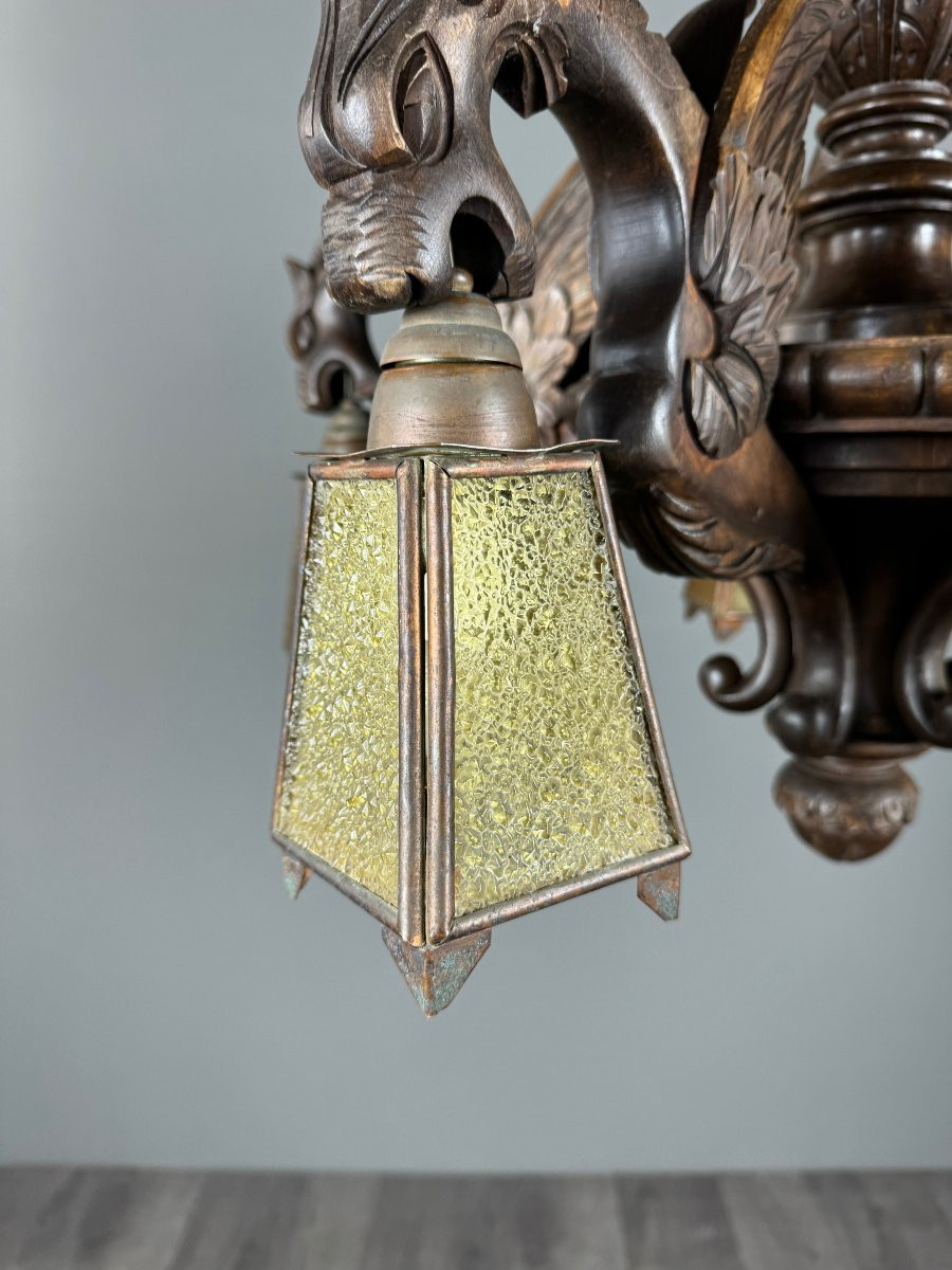 Large Carved Wooden Chandelier, Neo-renaissance Style, Early 20th Century-photo-4