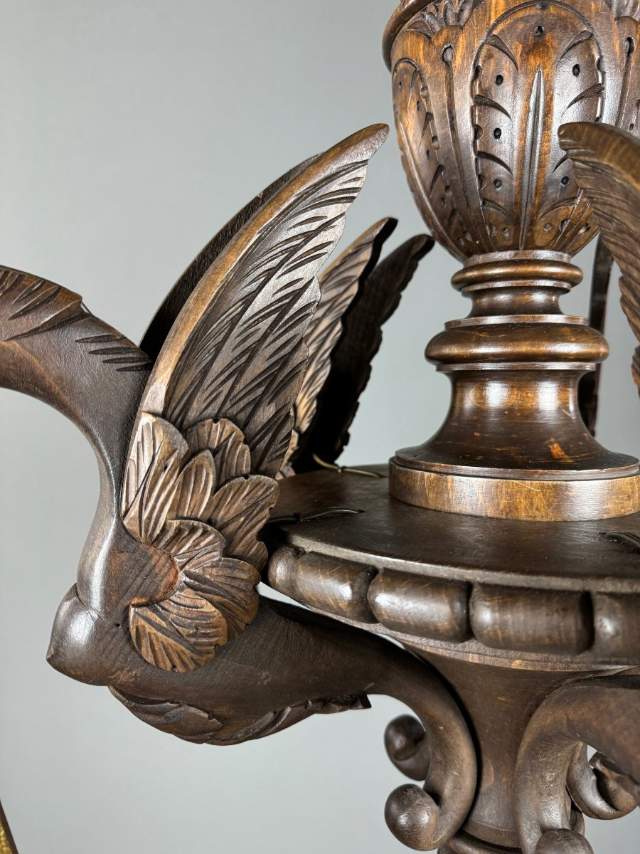 Large Carved Wooden Chandelier, Neo-renaissance Style, Early 20th Century-photo-3