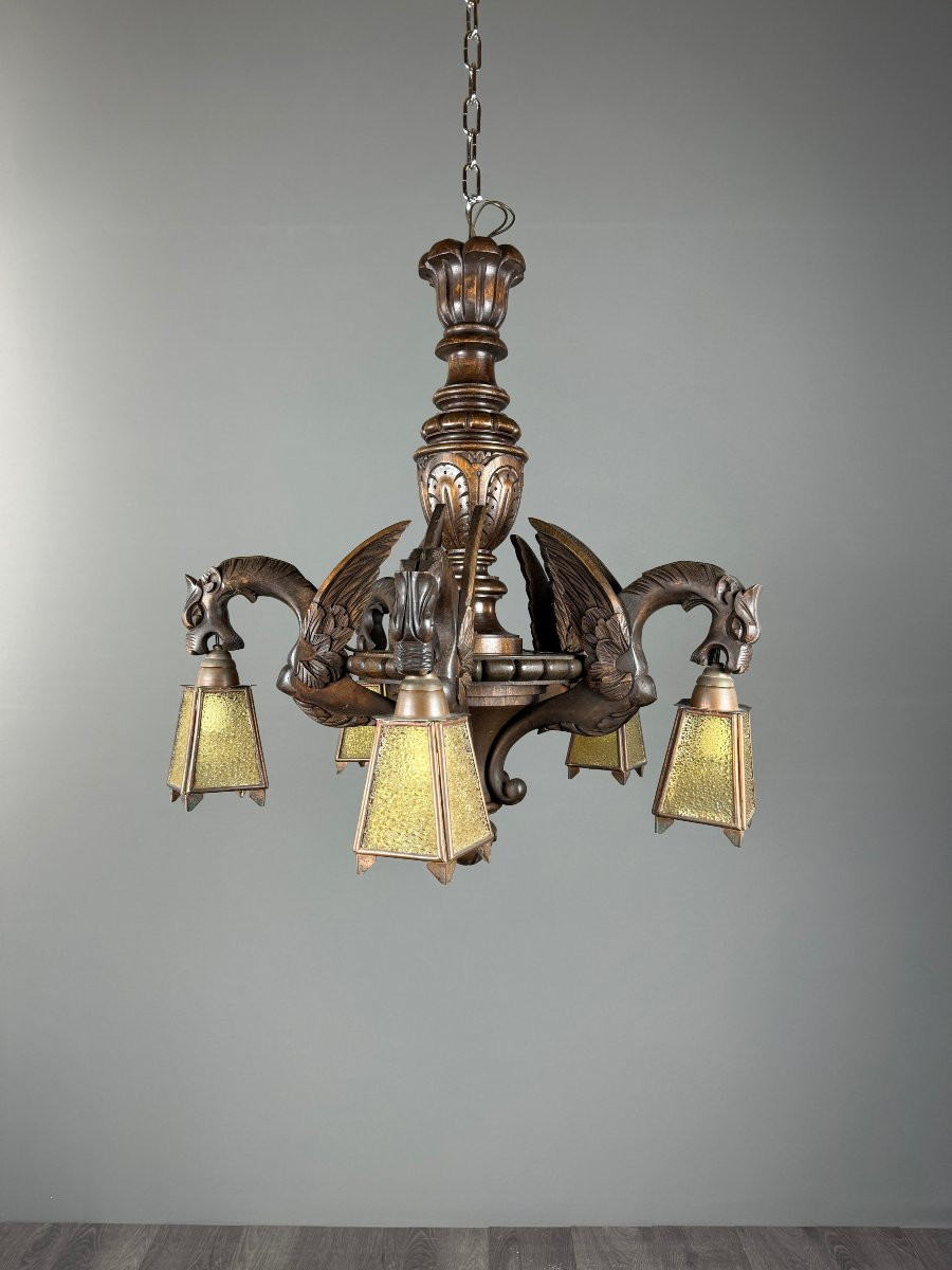 Large Carved Wooden Chandelier, Neo-renaissance Style, Early 20th Century-photo-4