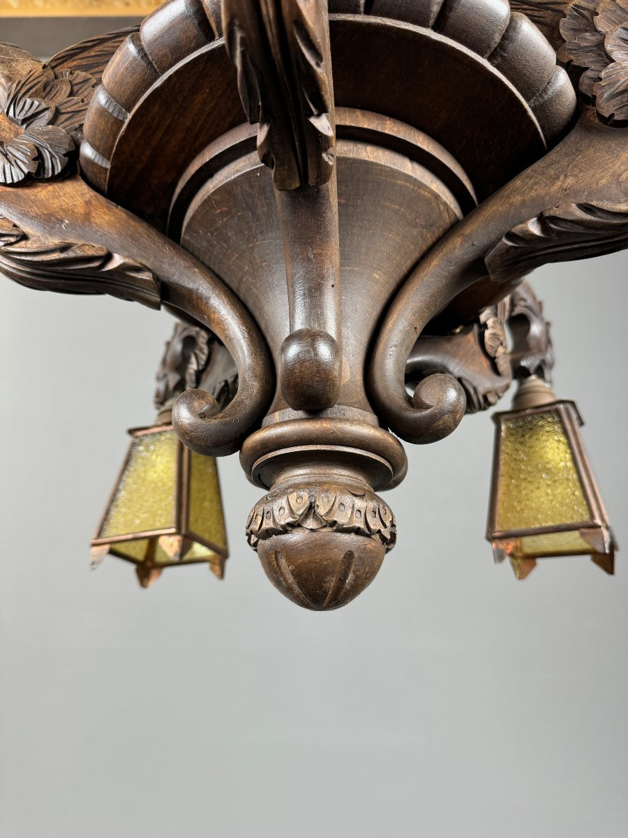 Large Carved Wooden Chandelier, Neo-renaissance Style, Early 20th Century-photo-5
