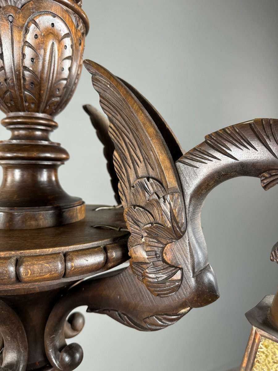 Large Carved Wooden Chandelier, Neo-renaissance Style, Early 20th Century-photo-6