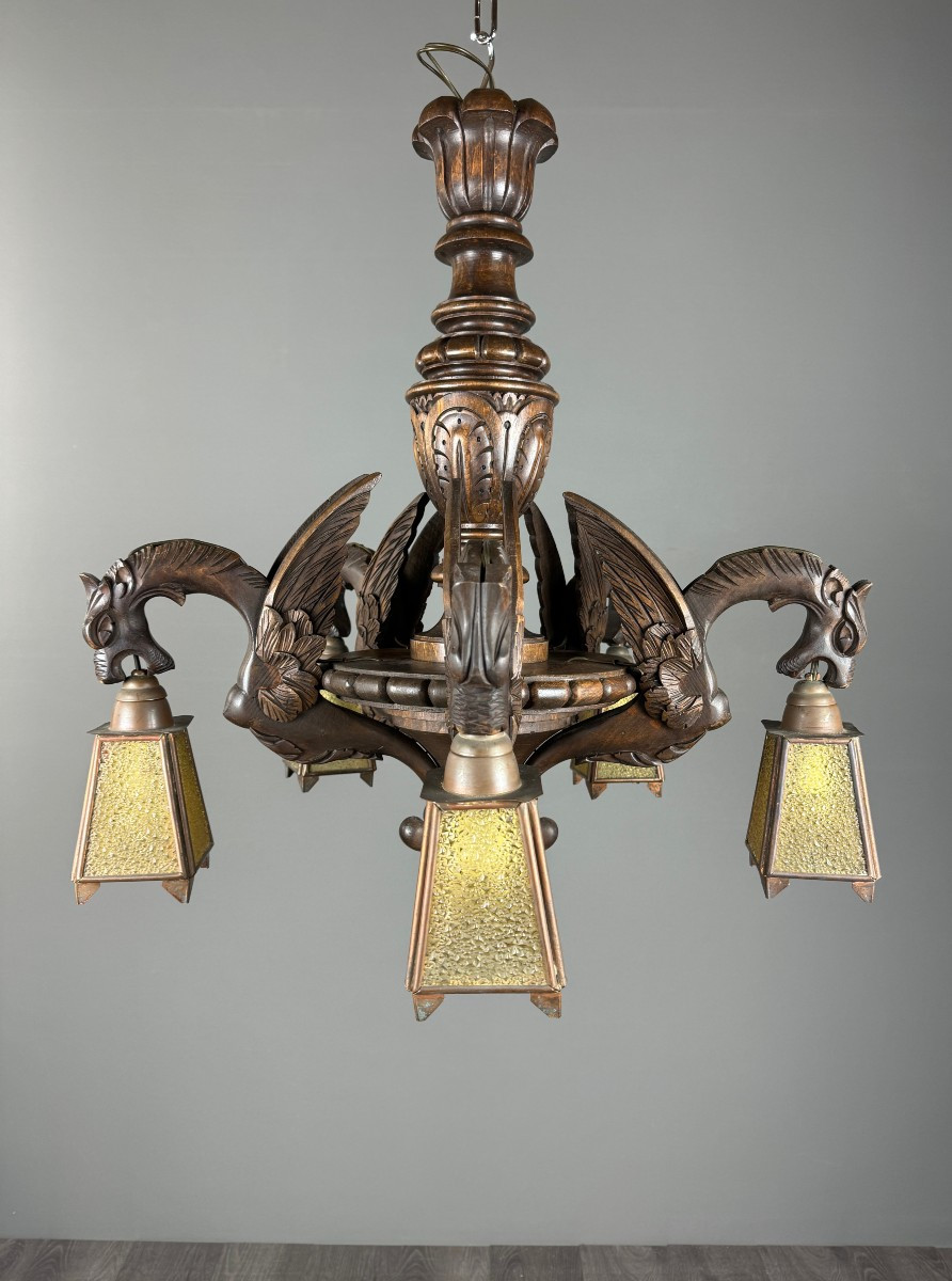 Large Carved Wooden Chandelier, Neo-renaissance Style, Early 20th Century