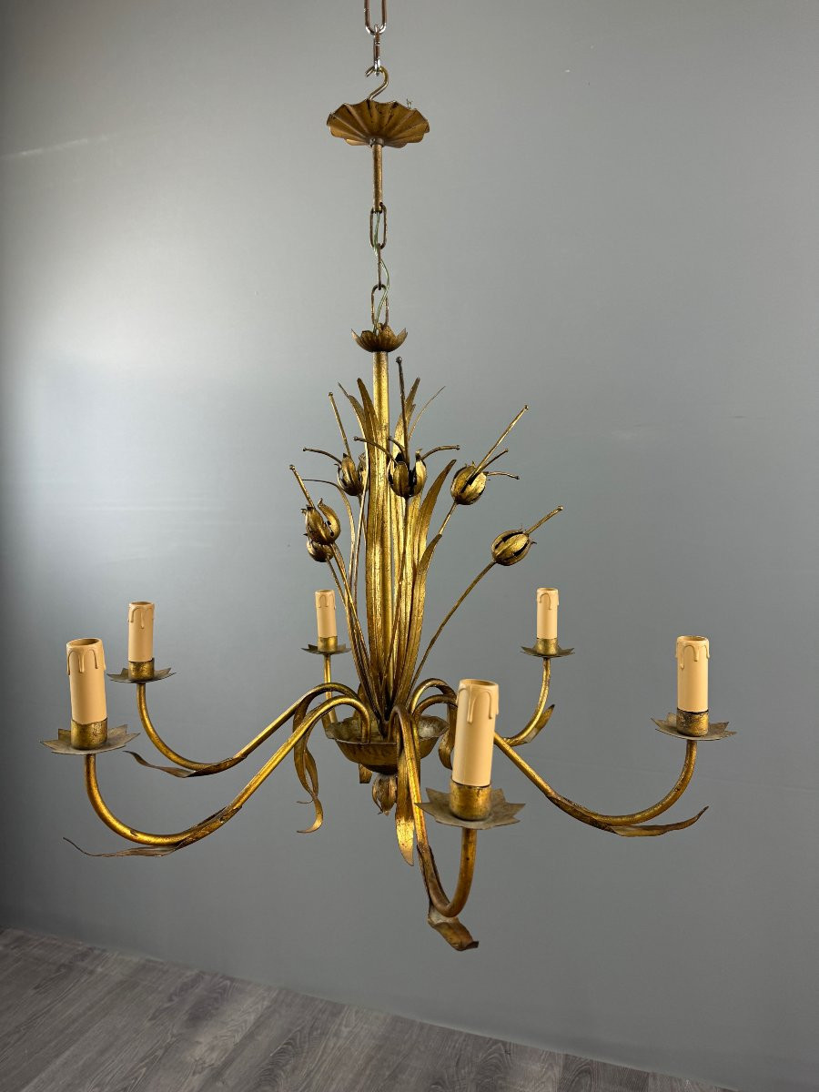 Lustre en métal doré, Italie, vers 1950-photo-1