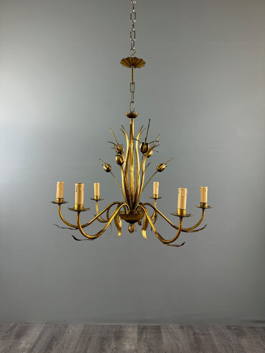 Lustre en métal doré, Italie, vers 1950-photo-2