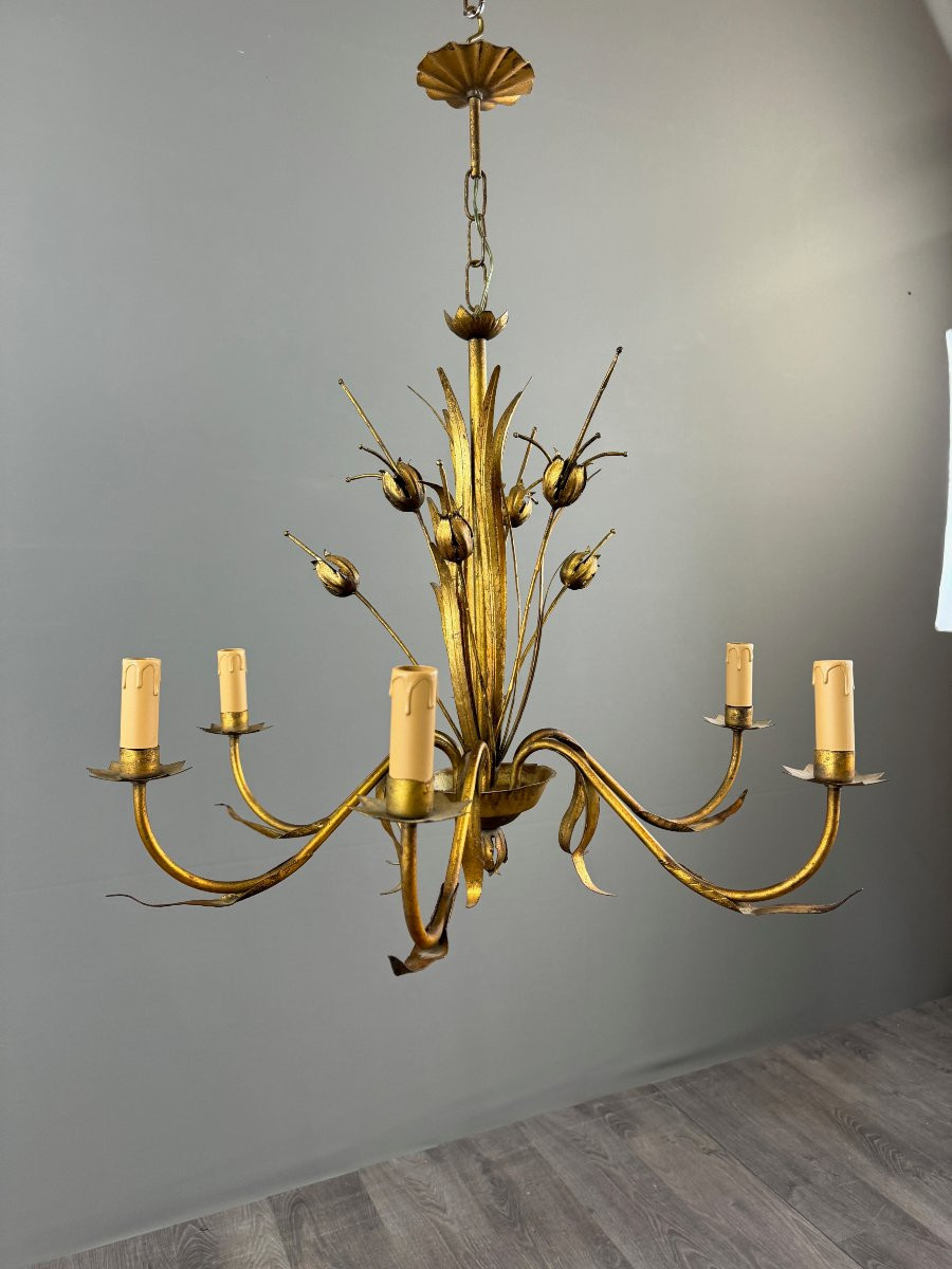 Lustre en métal doré, Italie, vers 1950-photo-7