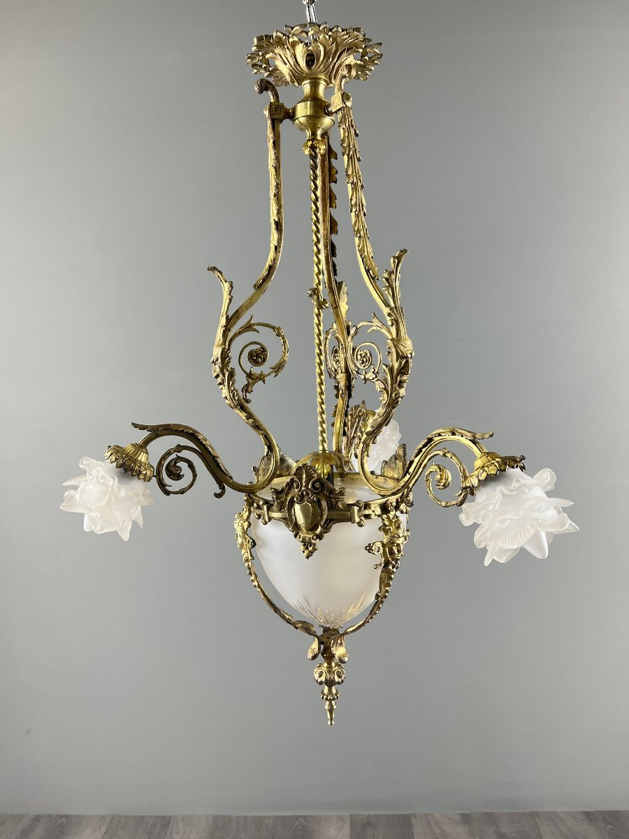 Lustre de style Louis XV en bronze et verreries, XIXe Siècle-photo-2