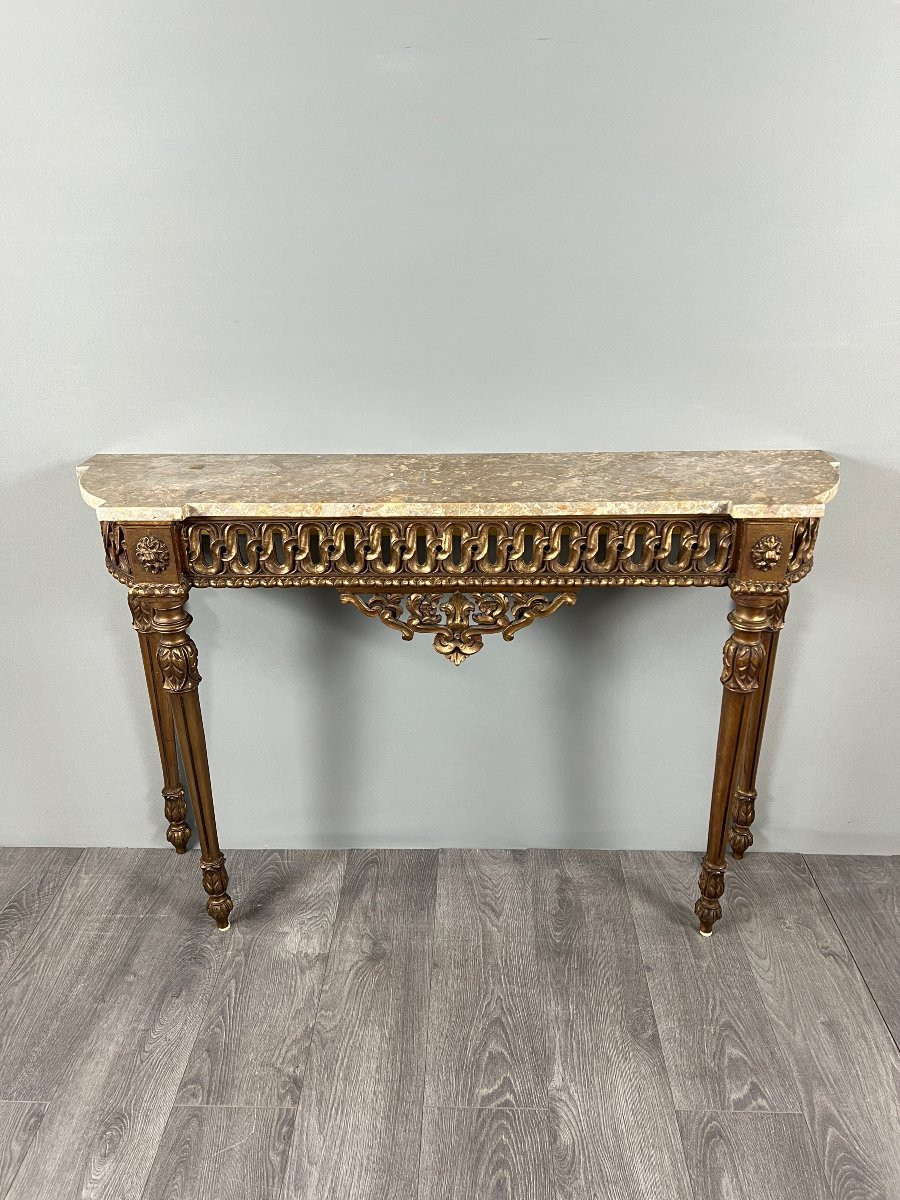 Console de style Louis XVI en bois sculpté à patine dorée, XIXe Siècle-photo-2