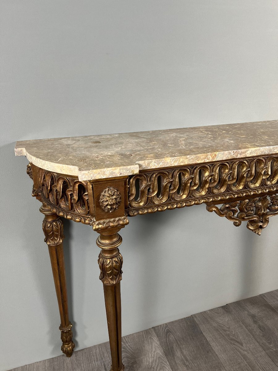 Console de style Louis XVI en bois sculpté à patine dorée, XIXe Siècle-photo-3