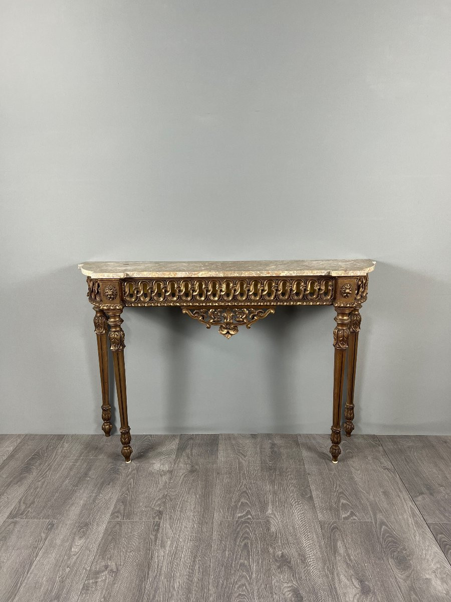 Console de style Louis XVI en bois sculpté à patine dorée, XIXe Siècle-photo-4