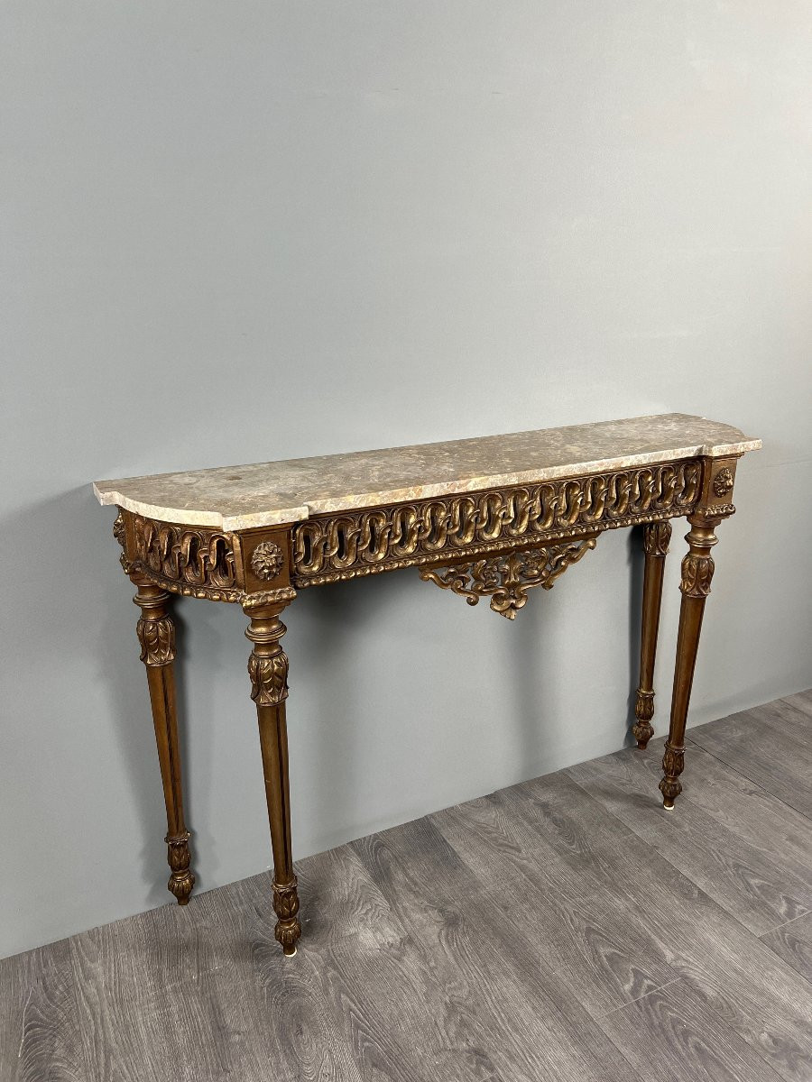 Console de style Louis XVI en bois sculpté à patine dorée, XIXe Siècle-photo-1