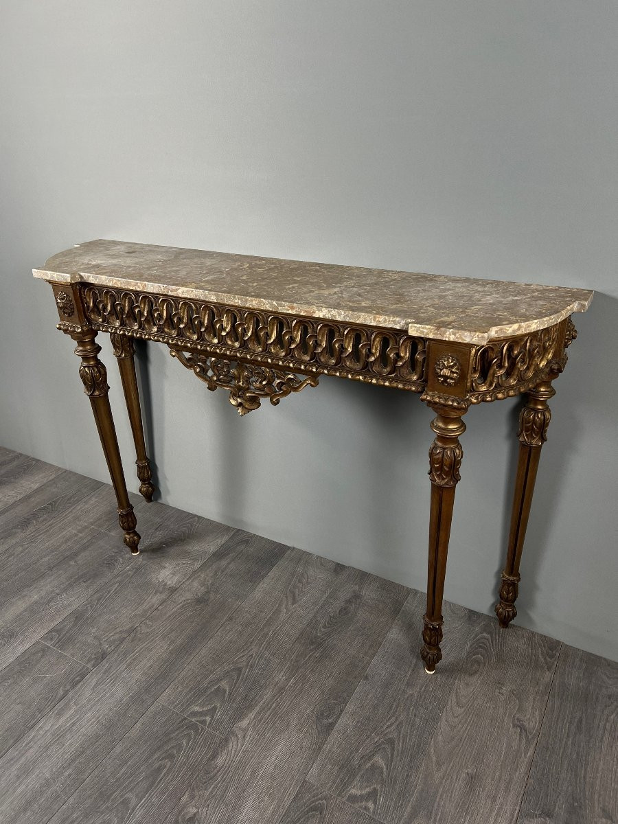 Console de style Louis XVI en bois sculpté à patine dorée, XIXe Siècle-photo-2