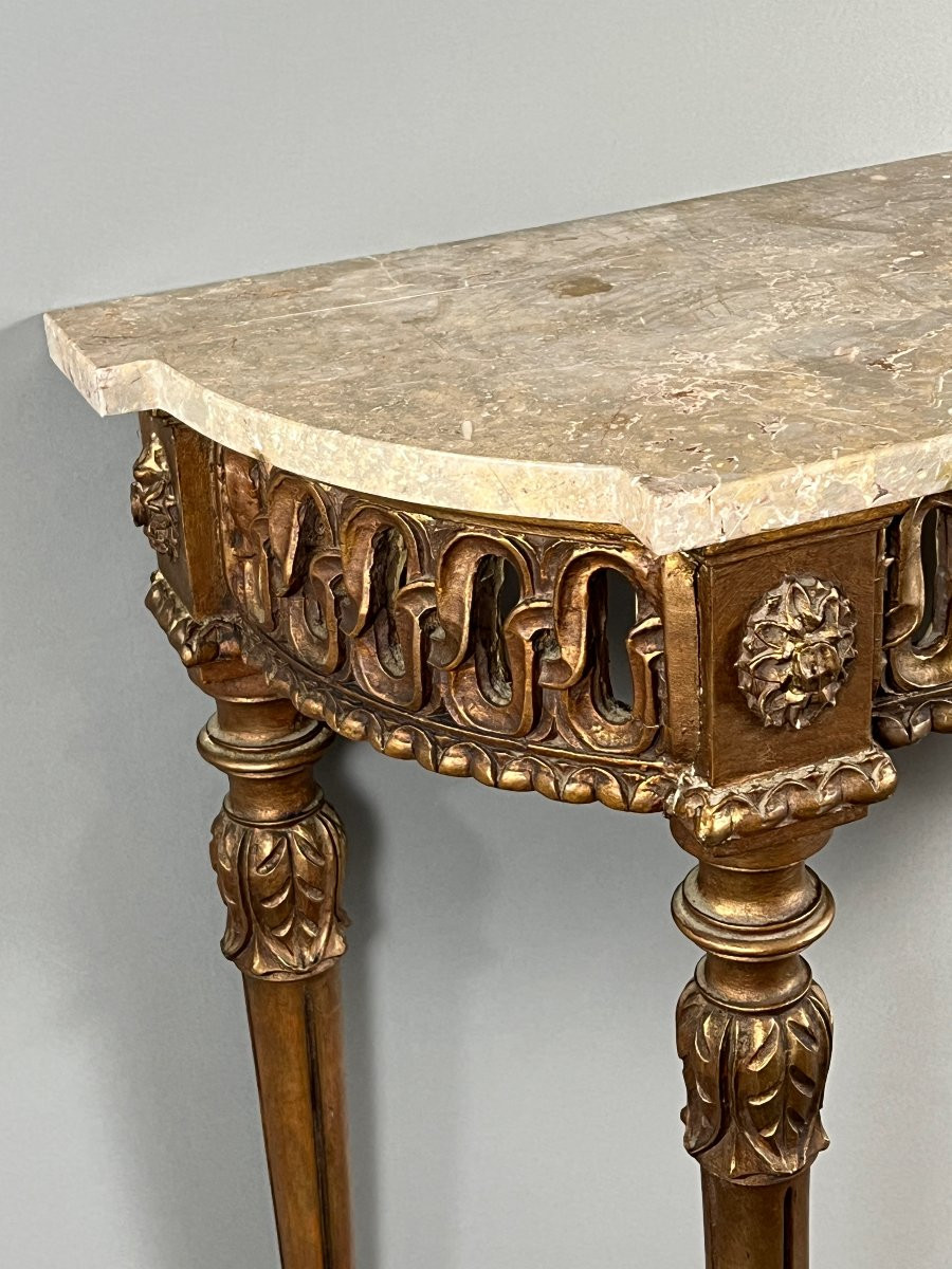 Console de style Louis XVI en bois sculpté à patine dorée, XIXe Siècle-photo-3