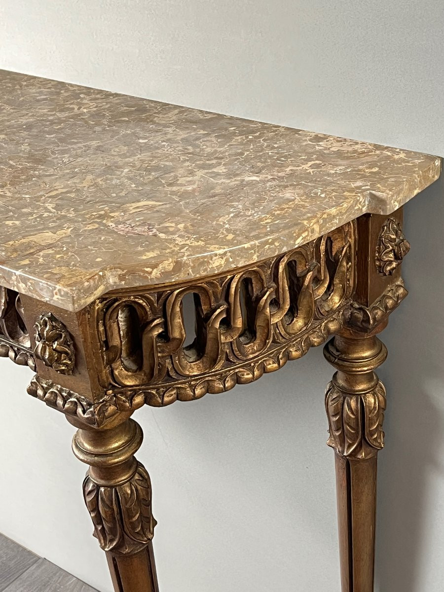 Console de style Louis XVI en bois sculpté à patine dorée, XIXe Siècle-photo-4