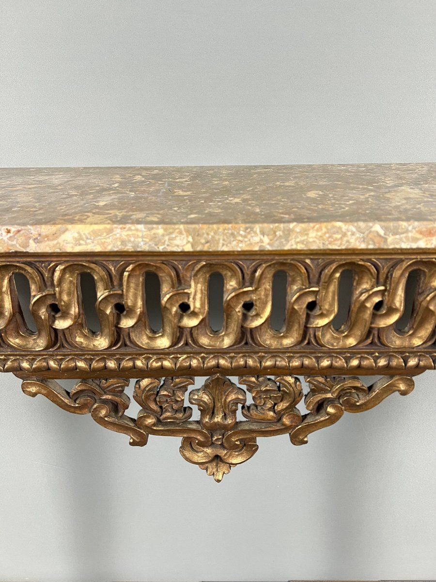 Console de style Louis XVI en bois sculpté à patine dorée, XIXe Siècle-photo-5