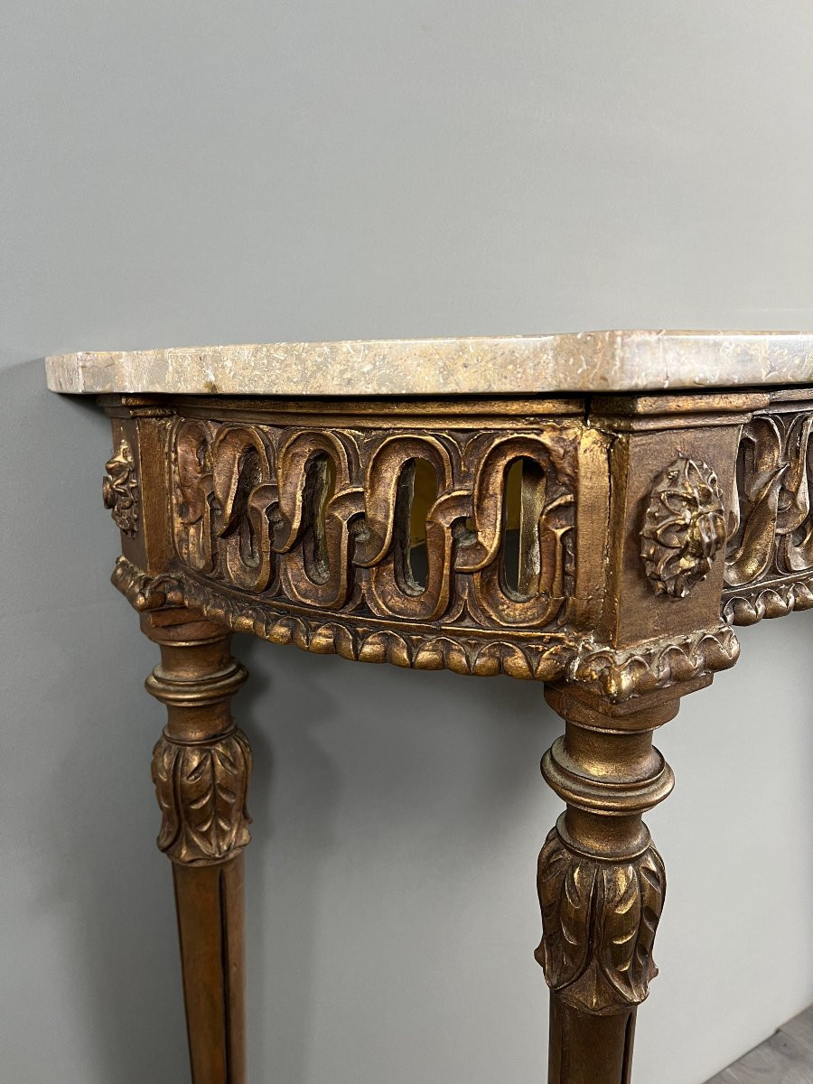 Console de style Louis XVI en bois sculpté à patine dorée, XIXe Siècle-photo-6
