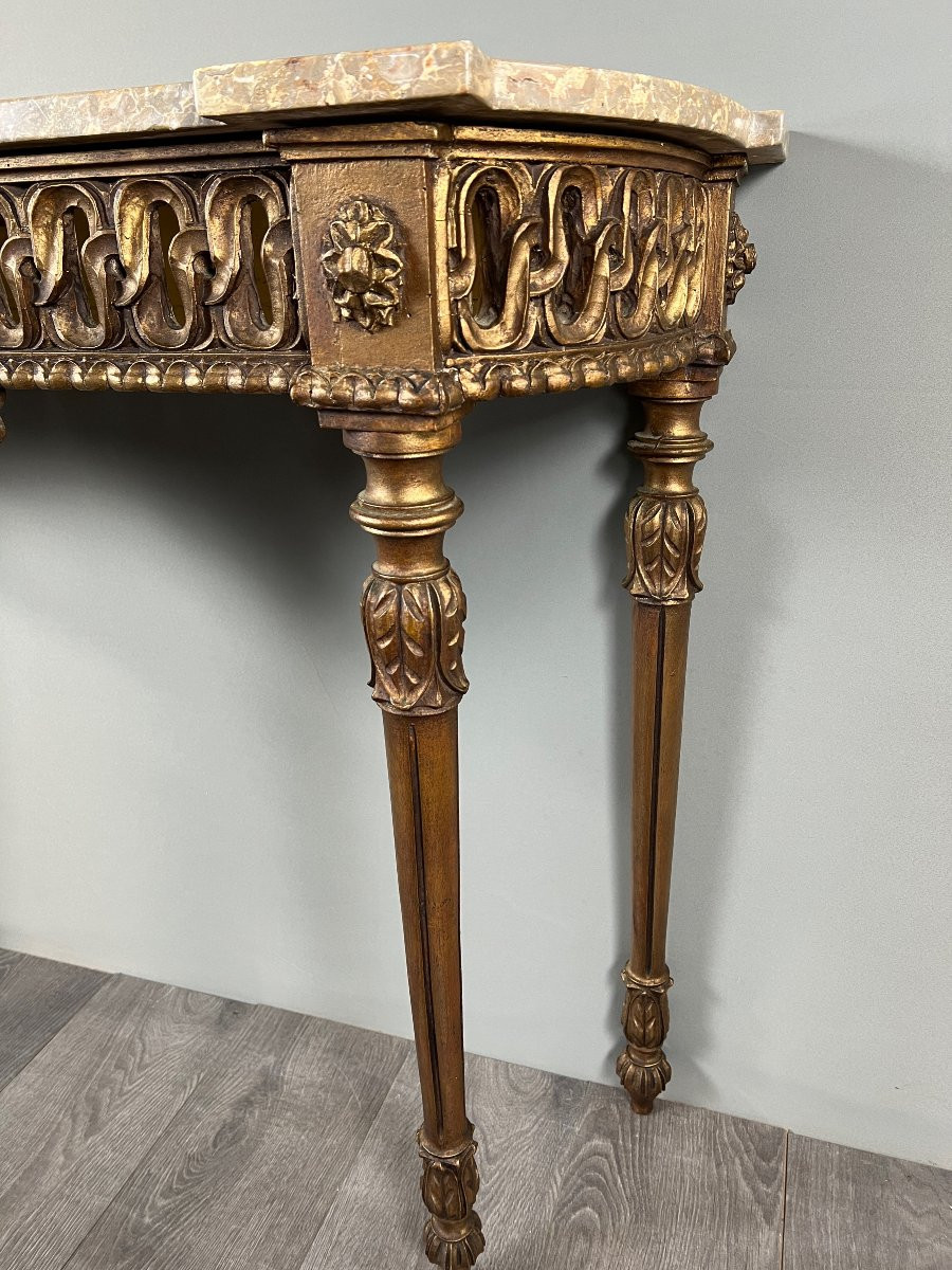 Console de style Louis XVI en bois sculpté à patine dorée, XIXe Siècle-photo-7