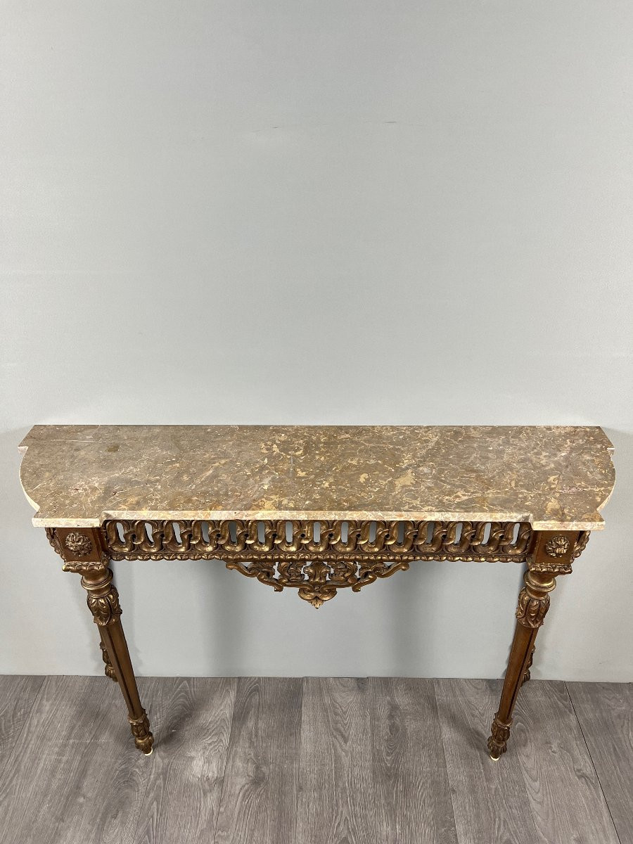 Console de style Louis XVI en bois sculpté à patine dorée, XIXe Siècle-photo-8
