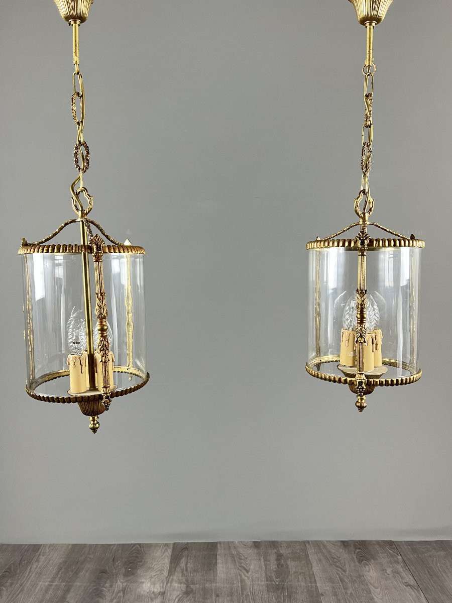 Paire de lanternes suspendues de style Louis XVI, XXe Siècle-photo-2