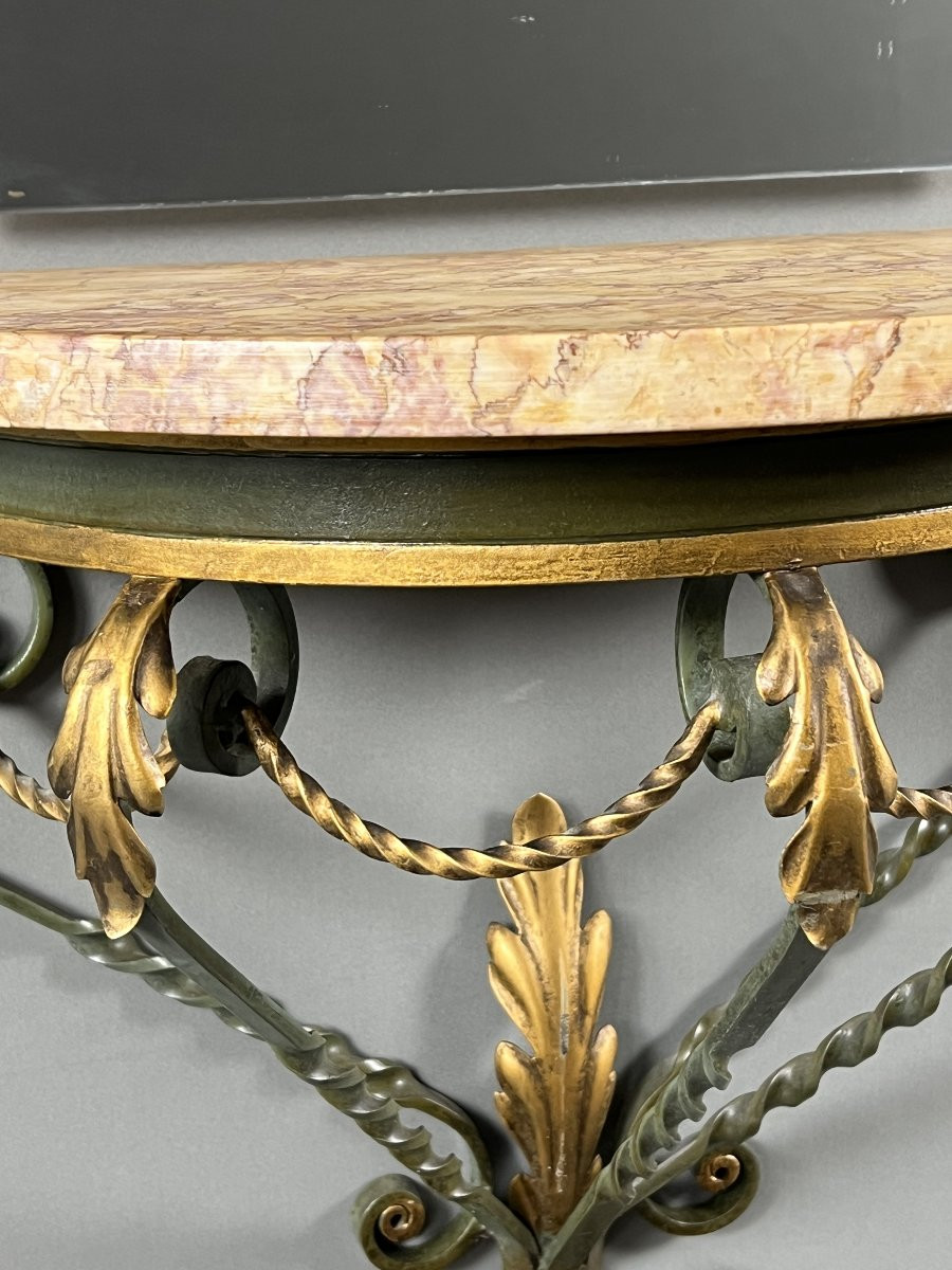 Console murale avec miroir, fer forgé et marbre, XXe siècle-photo-4
