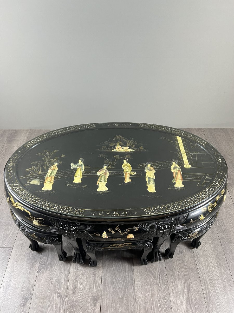 Black Lacquered Chinese Table With Inlays, Set With Six Stools, 20th Century-photo-2