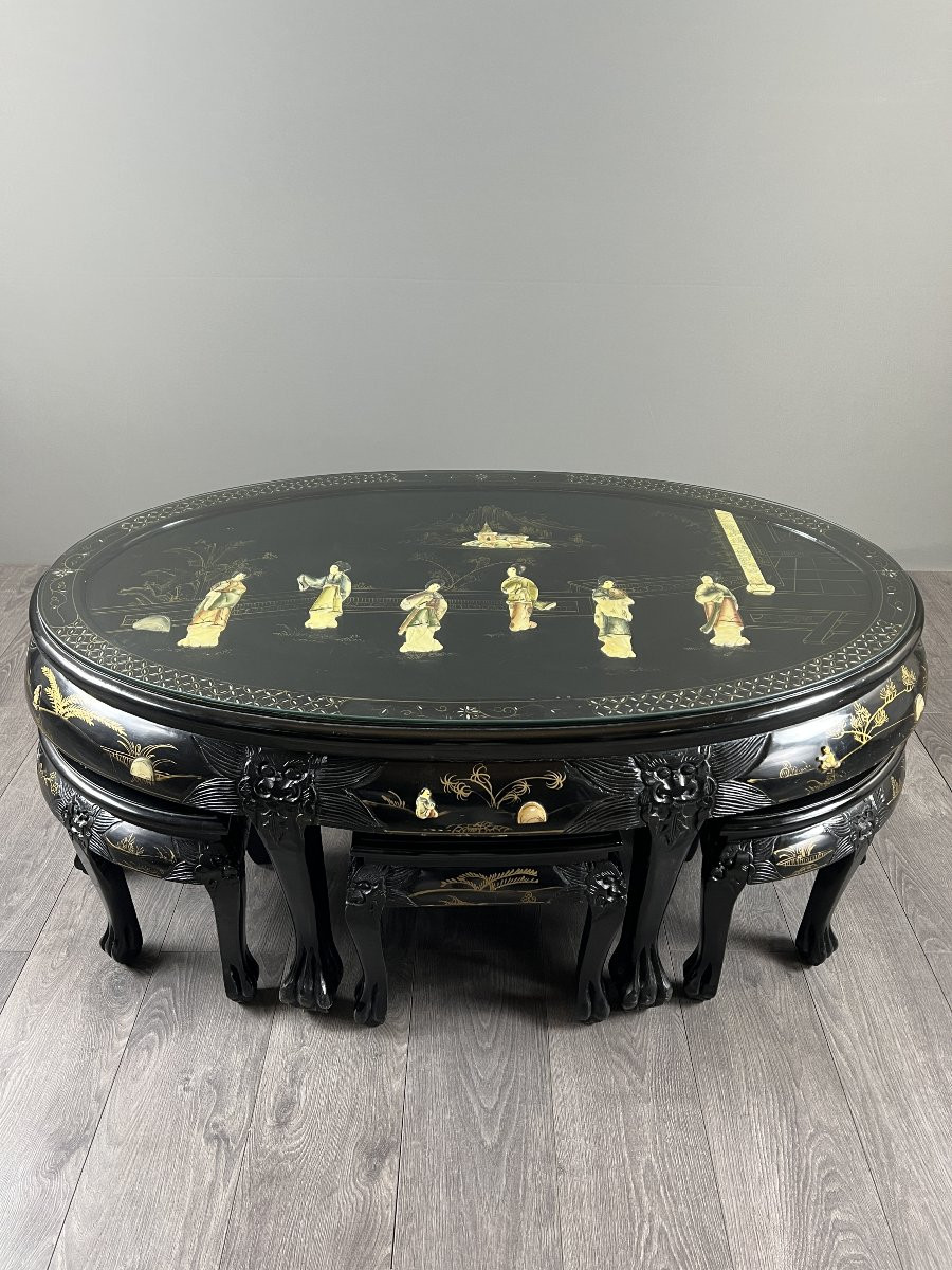 Black Lacquered Chinese Table With Inlays, Set With Six Stools, 20th Century-photo-3