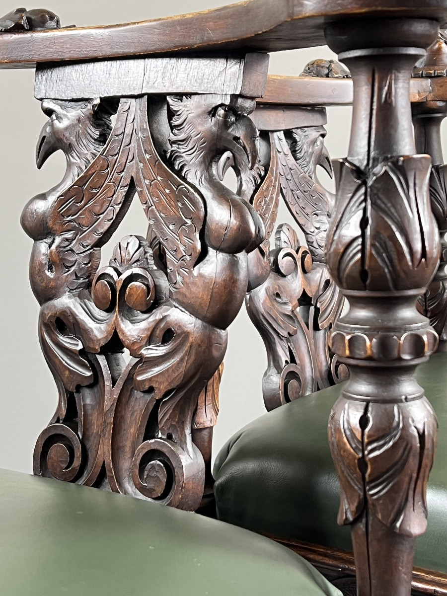 Pair Of Carved Wooden Corner Armchairs, 19th Century-photo-2