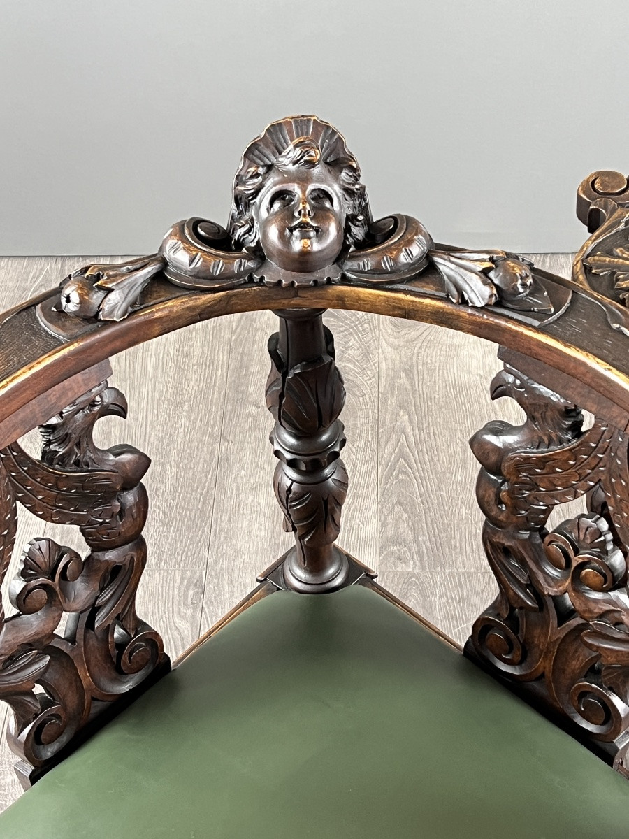Pair Of Carved Wooden Corner Armchairs, 19th Century-photo-3