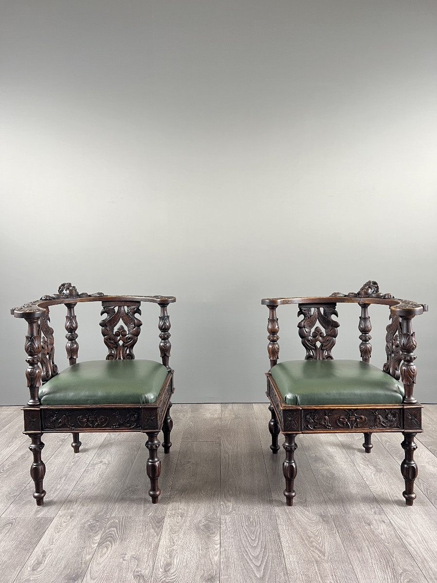 Pair Of Carved Wooden Corner Armchairs, 19th Century-photo-4