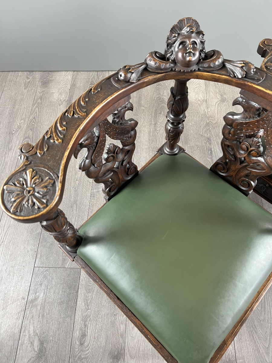 Pair Of Carved Wooden Corner Armchairs, 19th Century-photo-2