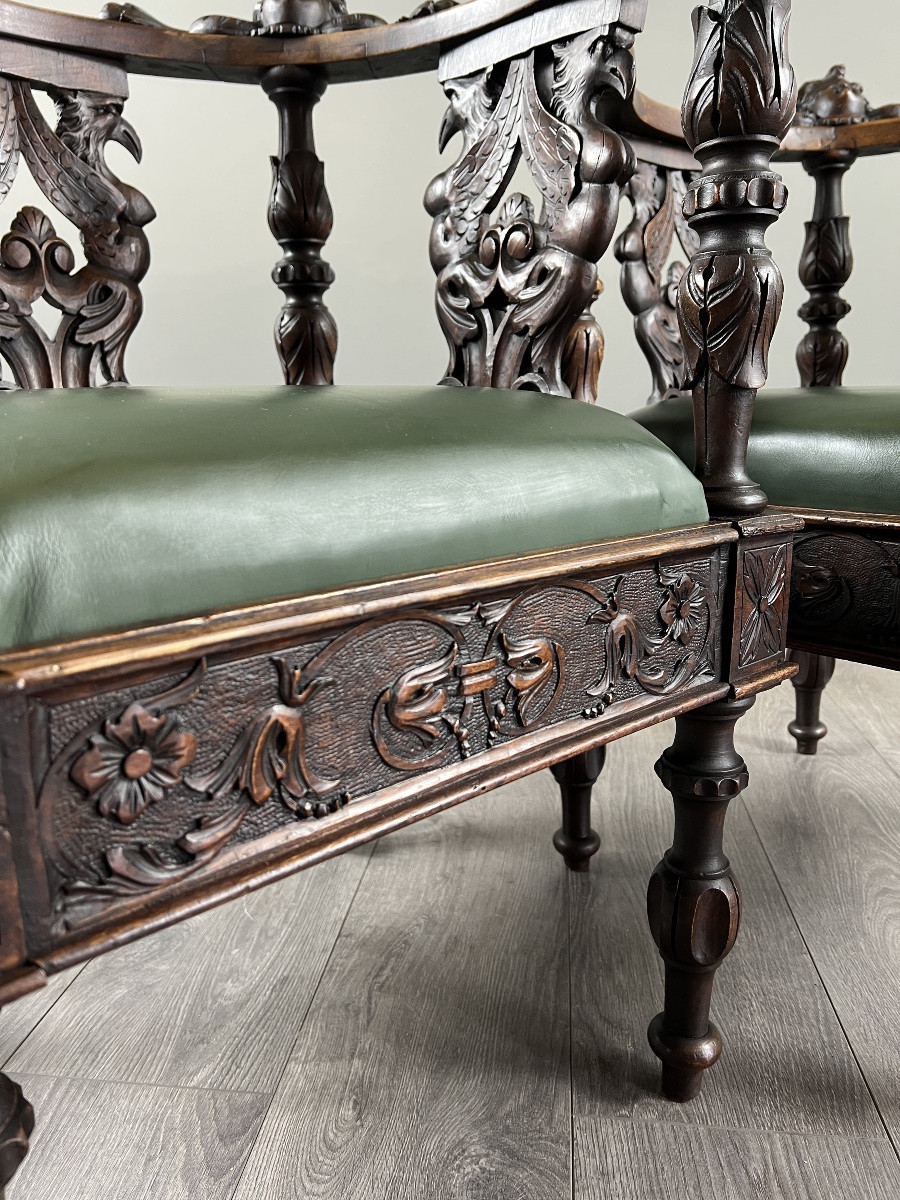 Pair Of Carved Wooden Corner Armchairs, 19th Century-photo-3