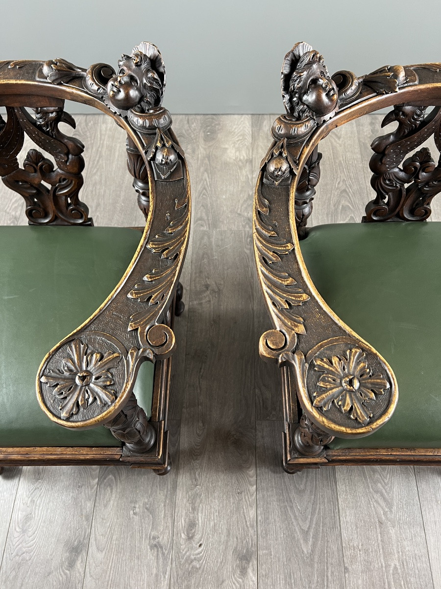 Pair Of Carved Wooden Corner Armchairs, 19th Century-photo-5