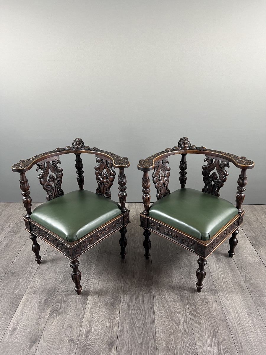 Pair Of Carved Wooden Corner Armchairs, 19th Century-photo-7