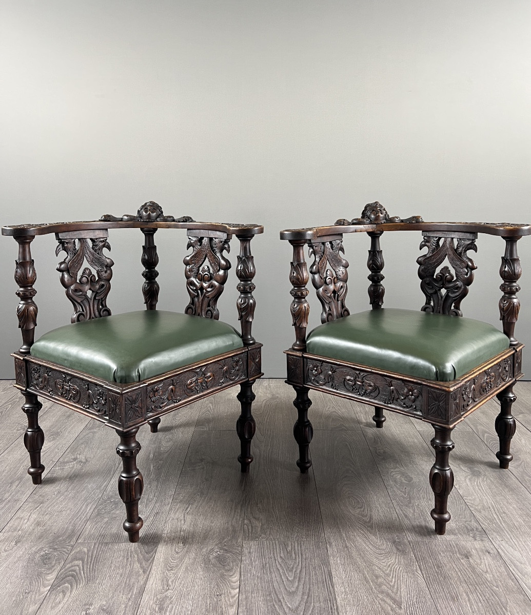 Pair Of Carved Wooden Corner Armchairs, 19th Century