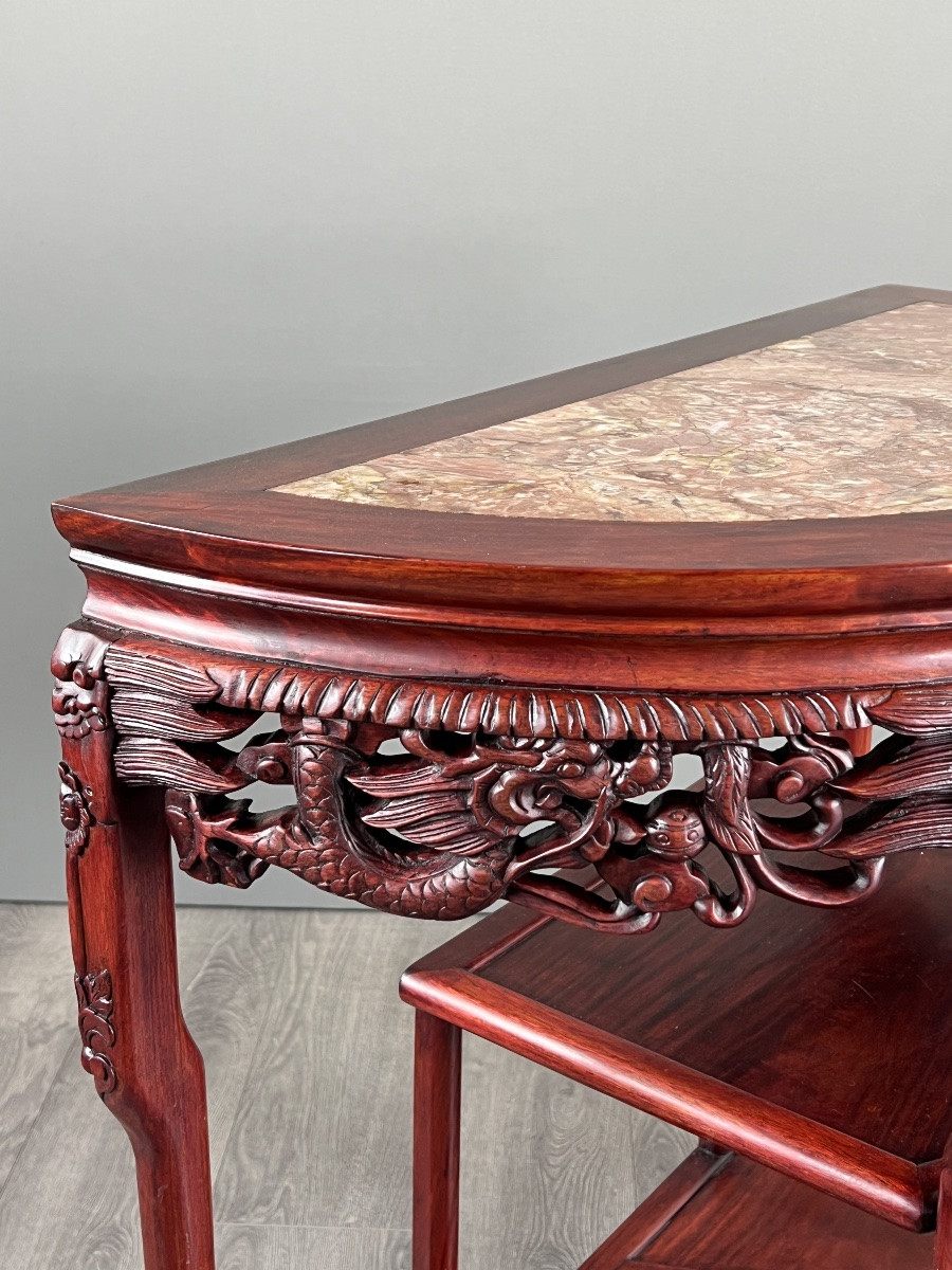 Console demi-lune en bois sculpté et marbre, début XXe siècle-photo-2