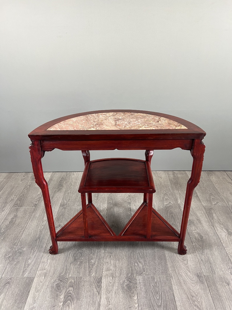 Console demi-lune en bois sculpté et marbre, début XXe siècle-photo-3