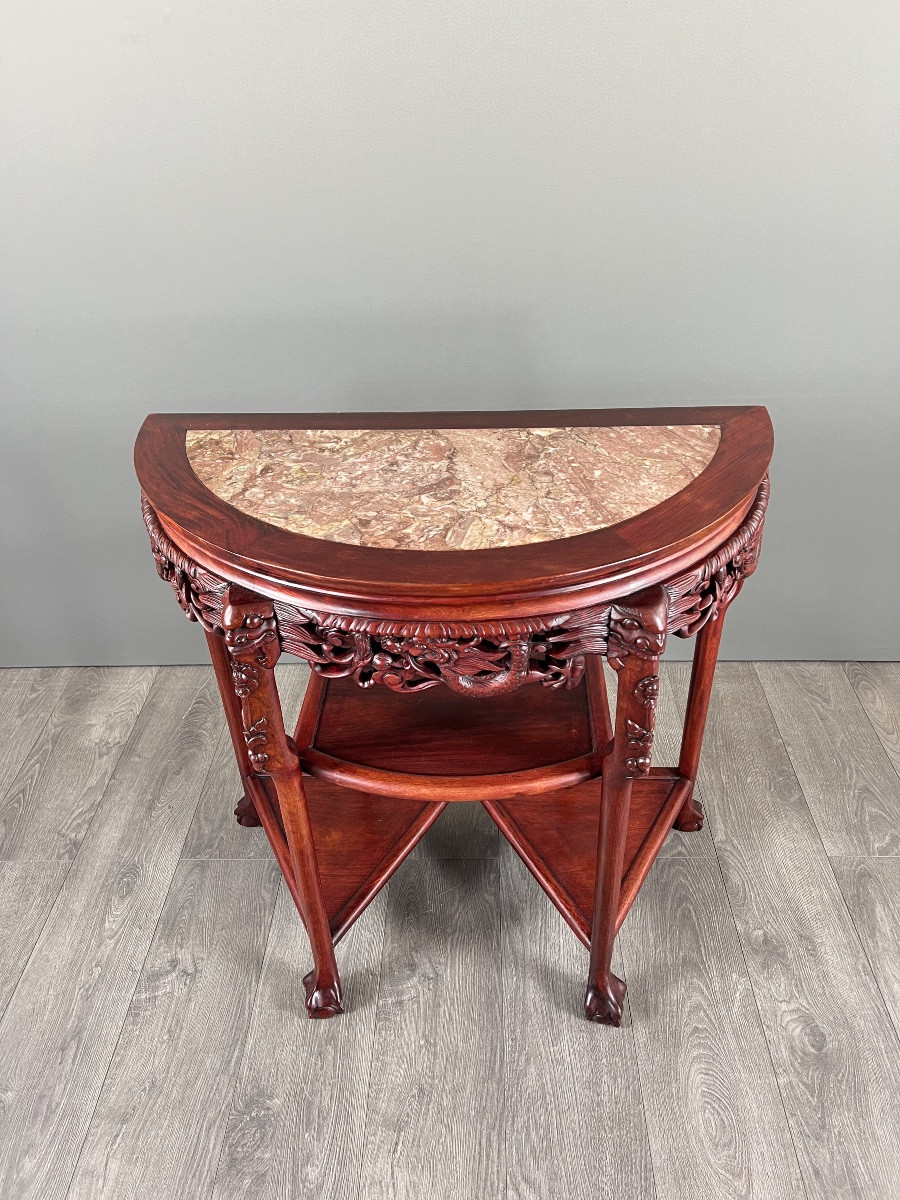 Console demi-lune en bois sculpté et marbre, début XXe siècle-photo-1