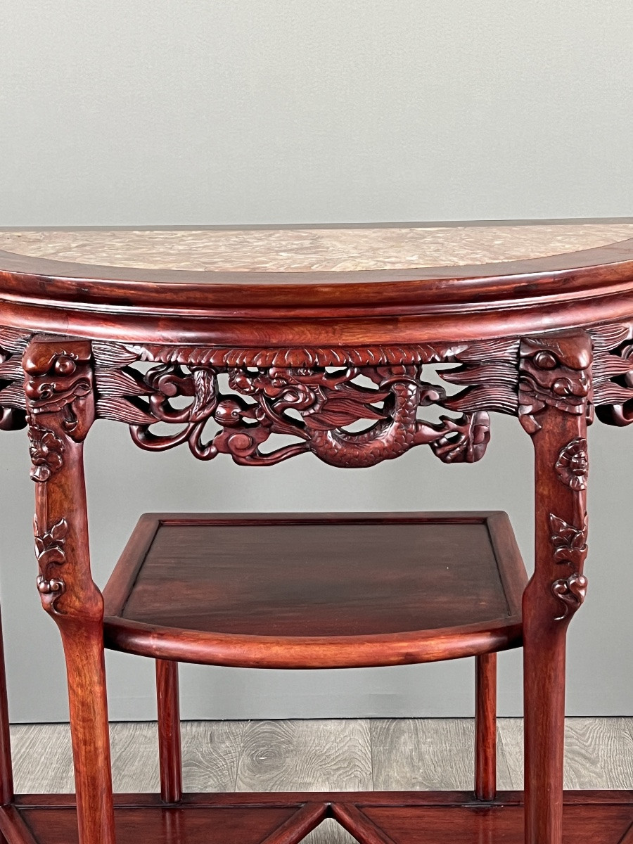 Console demi-lune en bois sculpté et marbre, début XXe siècle-photo-3