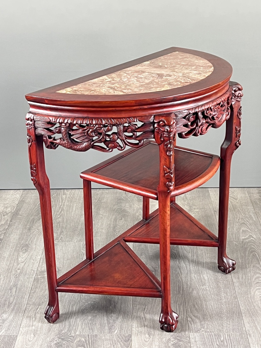 Console demi-lune en bois sculpté et marbre, début XXe siècle-photo-5