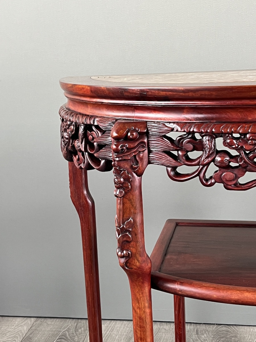 Console demi-lune en bois sculpté et marbre, début XXe siècle-photo-6