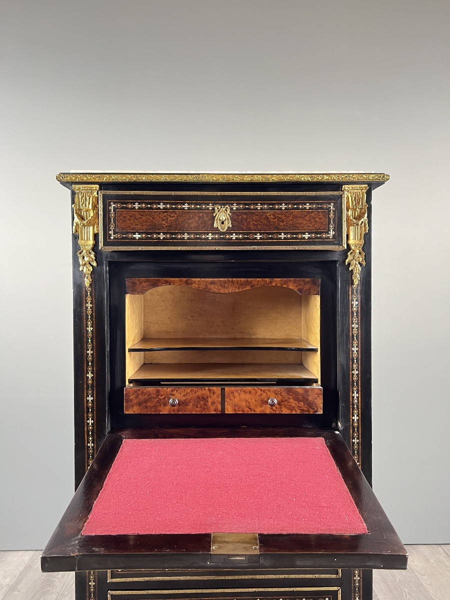 Antique Napoleon III Secretary Desk In Marquetry And Gilt Bronze, 19th Century-photo-2