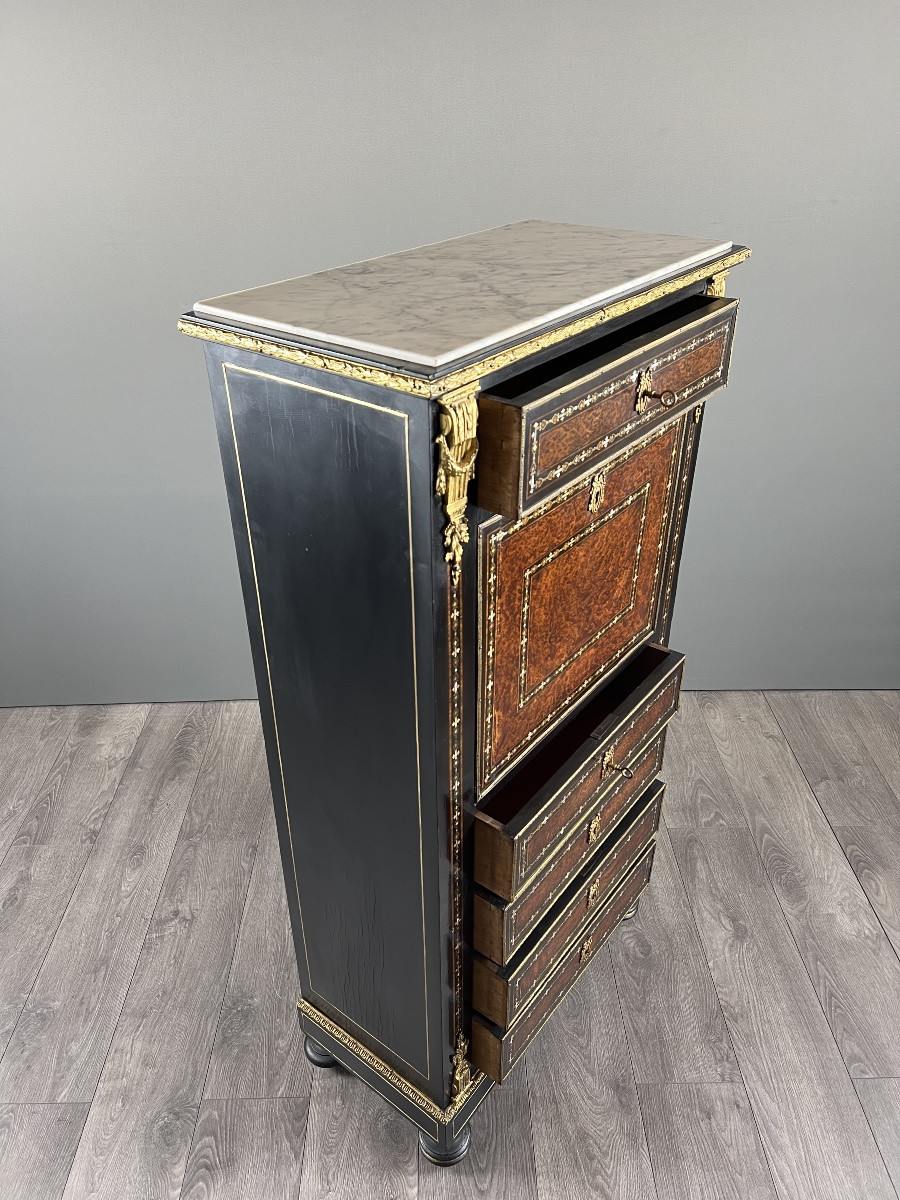 Antique Napoleon III Secretary Desk In Marquetry And Gilt Bronze, 19th Century-photo-1