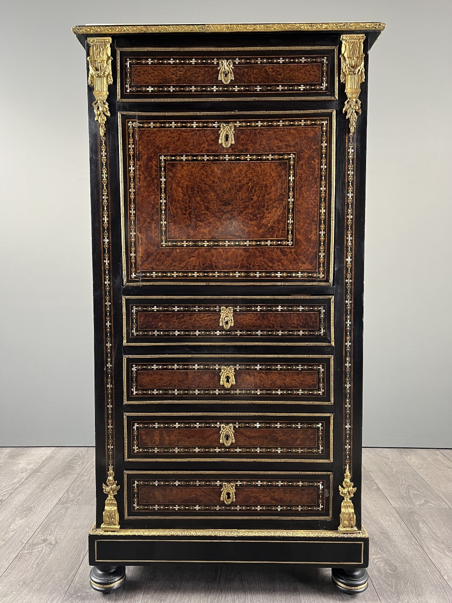 Antique Napoleon III Secretary Desk In Marquetry And Gilt Bronze, 19th Century-photo-2